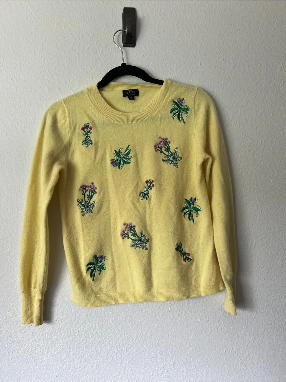 J. Crew 100% cashmere yellow floral embroidered sweater